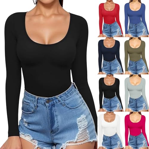 KODMNSW Langarmshirt Damen Tiefer Rundhalsausschnitt Top Elegante Oberteile Langarm T-Shirts Slim Stretch Einfarbig Bluse Basic Longsleeve Tshirts Skinny Tops Pullover Bluse Schwarz S von KODMNSW