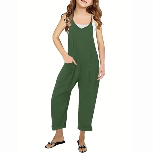 KODMNSW Latzhose Mädchen Jumpsuit Sommer Hosen mit Tasche Bequem Hose Arbeitshose Mode Einfarbig Freizeithose Cool Pants Kleidung Teenager 5-14 Jahre Armeegrün 14 Jahre von KODMNSW