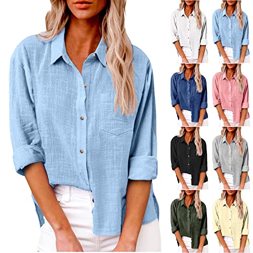 KODMNSW Leinenbluse Damen Lässiges Langarm Hemd V-Ausschnitt Mode Blusen & Tuniken für Damen Locker Leicht Langarmshirt Elegante Oberteile Klassisch Knopfleiste Shirt mit Tasche Hellblau 4XL von KODMNSW
