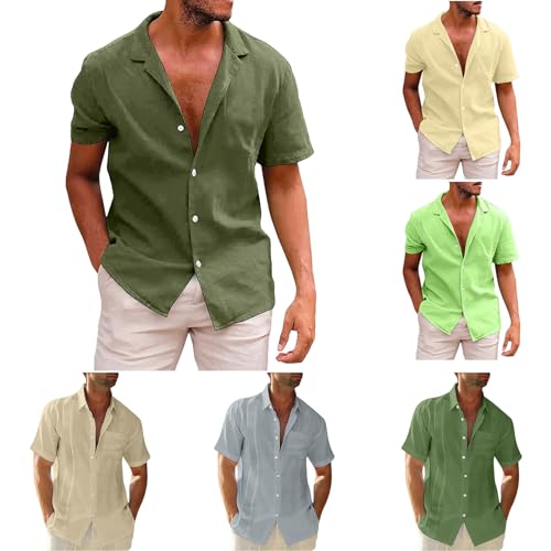 KODMNSW Leinenhemd Hemd Herren Kurzarm Sommer Hemden Freizeithemd Leichtes Umlegekragen Sommerhemd Baumwolle Leinen Einfarbig Casual Shirts Hawaii Hemd Männer Gutschein Geburtstag Army Green M von KODMNSW