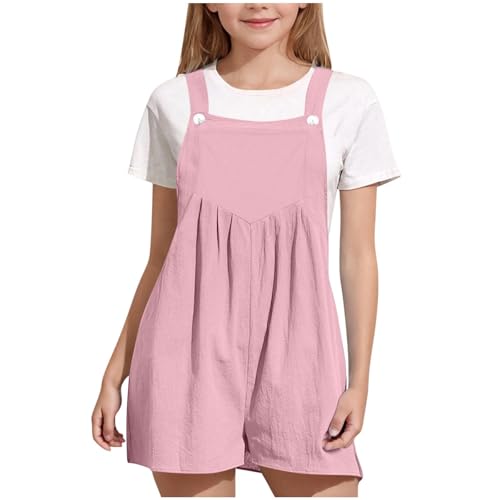 KODMNSW Mädchen Jumpsuit Kinder Ärmelloses Overall Sommer Lässig Kurze Latzhose Kurze Hosen Spaghettiträger Jumpsuits Einfarbig Kinderoverall mit Tasche für 5-14 Jahre Gutschein Rosa 8 Jahre von KODMNSW