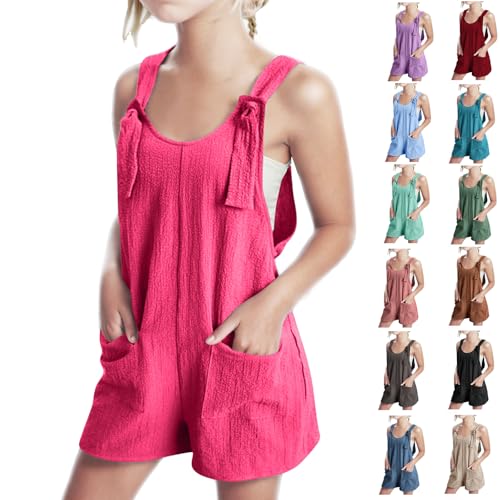 KODMNSW Mädchen Jumpsuit Kurz Latzhose Sommer Outfits Ärmelloses Overall Freizeit Casual Loose Jumpsuits Latz-Shorts Trainingsanzug Kinderoverall 5-14 Jahre Knalliges Pink 150 von KODMNSW