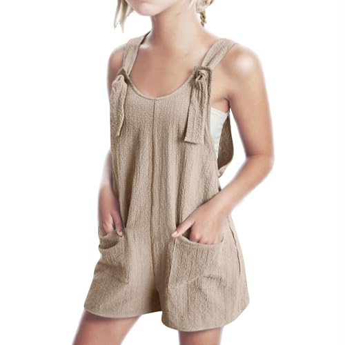KODMNSW Mädchen Jumpsuit Kurz Latzhose Sommer Outfits Ärmelloses Overall Freizeit Casual Loose Jumpsuits Latz-Shorts Trainingsanzug Kinderoverall mit Tasche 5-14 Jahre Beige 160 von KODMNSW