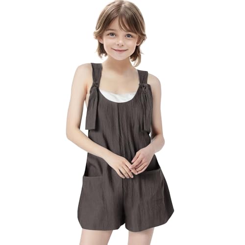 KODMNSW Mädchen Jumpsuit Kurz Latzhose Sommer Outfits Ärmelloses Overall Freizeit Casual Loose Jumpsuits Latz-Shorts Trainingsanzug Kinderoverall mit Tasche 5-14 Jahre Kaffee 160 von KODMNSW