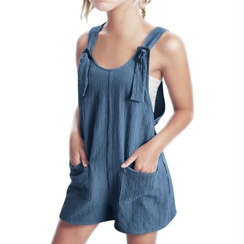 KODMNSW Mädchen Jumpsuit Kurz Latzhose Sommer Outfits Ärmelloses Overall Freizeit Casual Loose Jumpsuits Latz-Shorts Trainingsanzug Kinderoverall mit Tasche 5-14 Jahre Blau 140 von KODMNSW