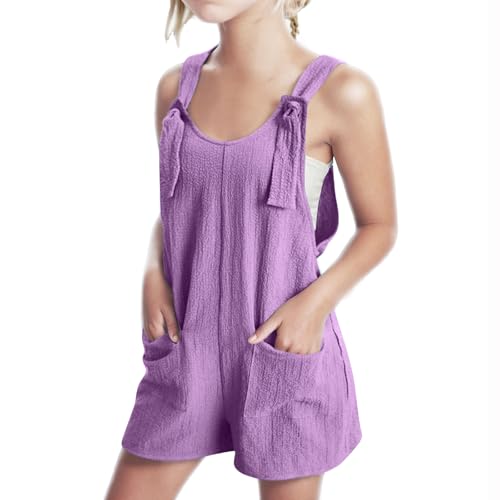 KODMNSW Mädchen Jumpsuit Kurz Latzhose Sommer Outfits Ärmelloses Overall Freizeit Casual Loose Jumpsuits Latz-Shorts Trainingsanzug Kinderoverall mit Tasche 5-14 Jahre Lila 130 von KODMNSW
