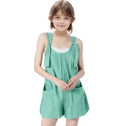 KODMNSW Mädchen Jumpsuit Kurz Latzhose Sommer Outfits Ärmelloses Overall Freizeit Casual Loose Jumpsuits Latz-Shorts Trainingsanzug Kinderoverall mit Tasche 5-14 Jahre Mintgrün 120 von KODMNSW
