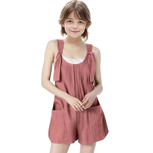 KODMNSW Mädchen Jumpsuit Kurz Latzhose Sommer Outfits Ärmelloses Overall Freizeit Loose Jumpsuits Latz-Shorts Trainingsanzug Kinderoverall mit Tasche 5-14 Jahre Rosa 160 von KODMNSW