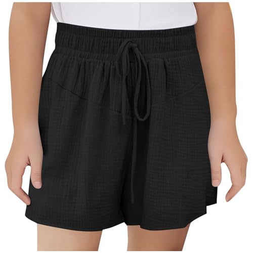 KODMNSW Mädchen Shorts Kurze Hose Sommer Sporthose Leicht Freizeit Sommerhose Elastische Taille Jogginghose Bequem Atmungsaktiv Trainingshorts Sweatshorts 3-14 Jahre Schwarz 150 von KODMNSW