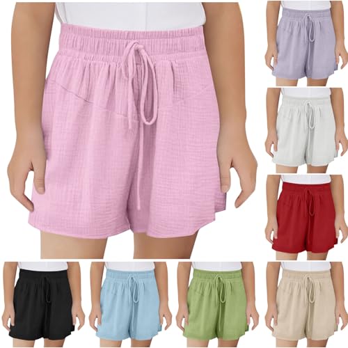 KODMNSW Mädchen Shorts Kurze Hose Sommer Sporthose Leicht Freizeit Sommerhose Elastische Taille Jogginghose Bequem Atmungsaktiv Trainingshorts Sweatshorts 3-14 Jahre Rosa 140 von KODMNSW