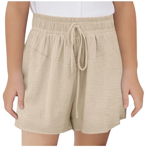 KODMNSW Mädchen Shorts Kurze Hose Sommer Sporthose Leicht Freizeit Sommerhose Elastische Taille Jogginghose Bequem Atmungsaktiv Trainingshorts Sweatshorts 3-14 Jahre Khaki 150 von KODMNSW
