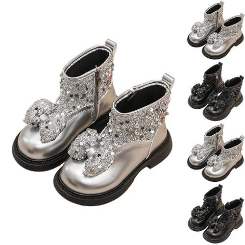 KODMNSW Mädchen Stiefel Fashion Mittelere Boots mit Fliege Glitzer Rutschfeste Reitstiefel Herbststiefel Soft Sole Stiefeletten Süß Winterstiefel Chelsea Boots Prinzessinnenstiefel Silber 29 von KODMNSW