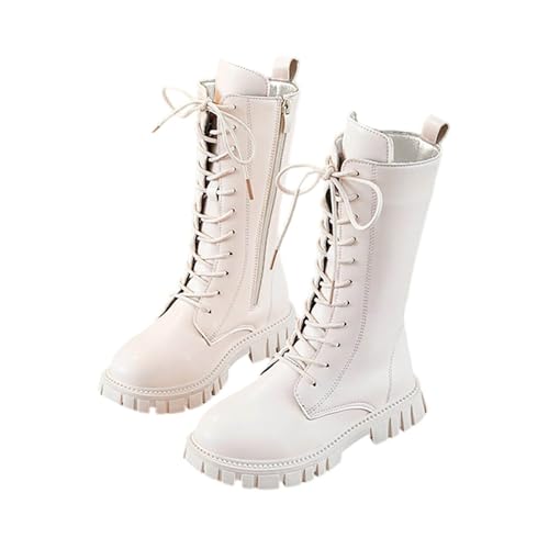 KODMNSW Mädchen Stiefel Fleece Wärme Hohe Boots Winterstiefel Reitstiefel Kinder Schnürstiefel mit Seitlichem Reißverschluss Herbststiefel Gefütterte Schuhe Chelsea Boots Kinderschuhe Weiß 31 von KODMNSW