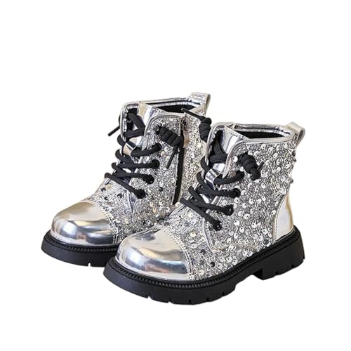 KODMNSW Mädchen Stiefel Glitzer Fashion Mittelere Boots Weiche Rutschfeste Reitstiefel Herbststiefel mit Seitlichem Reißverschluss Schnürstiefel Winterstiefel Stiefeletten Silber 28 von KODMNSW