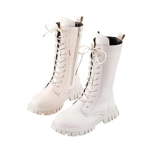 KODMNSW Mädchen Stiefel Modische Hohe Boots Winterstiefel Reitstiefel Kinder Schnürstiefel Herbststiefel mit Seitlichem Reißverschluss Kinderschuhe Chelsea Boots Prinzessinnenstiefel Weiß 27 von KODMNSW