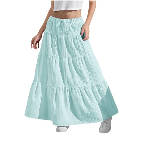 KODMNSW Maxirock Damen Mädchen Langer Rock Faltenrock mit Fliege Maxi Skirt Elastischer Bund Breitersaum Röcke Lang Sommer Leichte Kinder Tellerrock Einfach Schick Strandrock Freizeitrock Blau 120 von KODMNSW