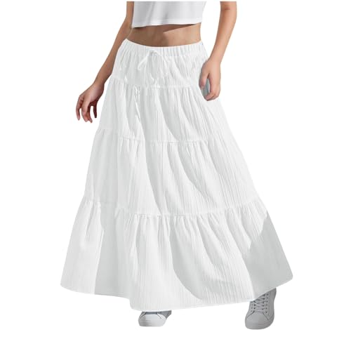 KODMNSW Maxirock Damen Mädchen Langer Rock Faltenrock mit Fliege Maxi Skirt Elastischer Bund Breitersaum Röcke Lang Sommer Leichte Kinder Tellerrock Einfach Schick Strandrock Freizeitrock Beige 140 von KODMNSW