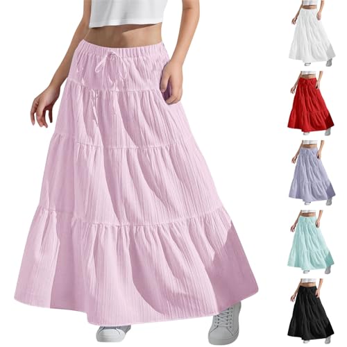 KODMNSW Maxirock Damen Mädchen Langer Rock Faltenrock mit Fliege Maxi Skirt Elastischer Bund Breitersaum Röcke Lang Sommer Leichte Kinder Tellerrock Einfach Schick Strandrock Freizeitrock Rosa 140 von KODMNSW