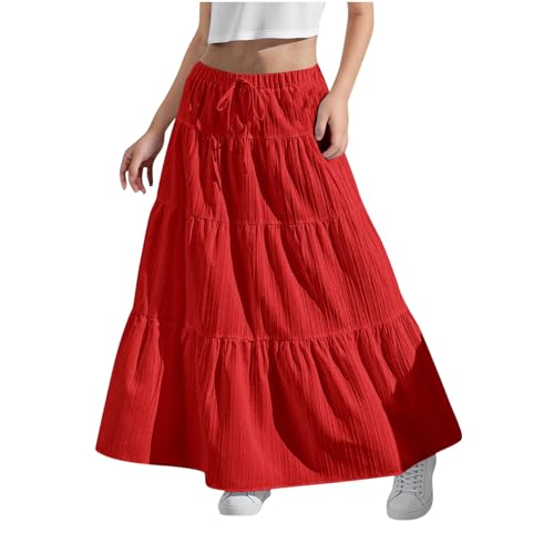 KODMNSW Maxirock Damen Mädchen Langer Rock Faltenrock mit Fliege Maxi Skirt Elastischer Bund Breitersaum Röcke Lang Sommer Leichte Kinder Tellerrock Einfach Schick Strandrock Freizeitrock Rot 140 von KODMNSW