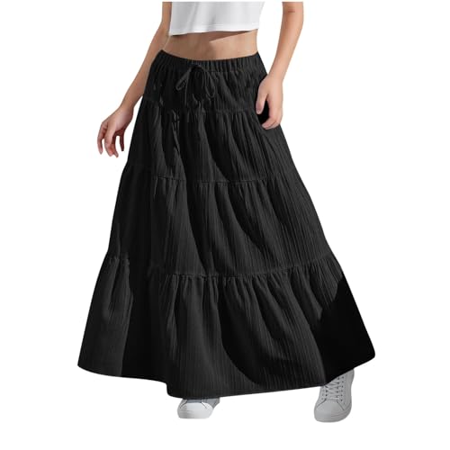 KODMNSW Maxirock Damen Mädchen Langer Rock Faltenrock mit Fliege Maxi Skirt Elastischer Bund Breitersaum Röcke Lang Sommer Leichte Kinder Tellerrock Einfach Schick Strandrock Freizeitrock Schwarz 160 von KODMNSW