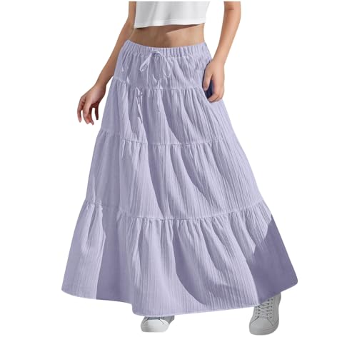 KODMNSW Maxirock Damen Mädchen Langer Rock Faltenrock mit Fliege Maxi Skirt Elastischer Bund Breitersaum Röcke Lang Sommer Leichte Kinder Tellerrock Einfach Schick Strandrock Freizeitrock Lila 130 von KODMNSW