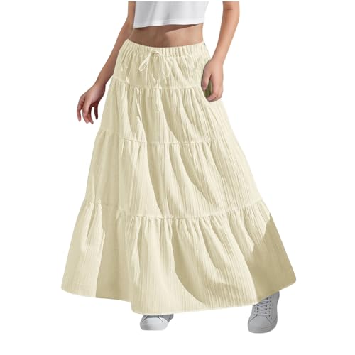 KODMNSW Maxirock Teenager Mädchen Langer Rock Faltenrock mit Fliege Maxi Skirt Röcke Lang Sommer Leichte Kinder Tellerrock Einfach Schick Strandrock Sommerrock Beige 140 von KODMNSW