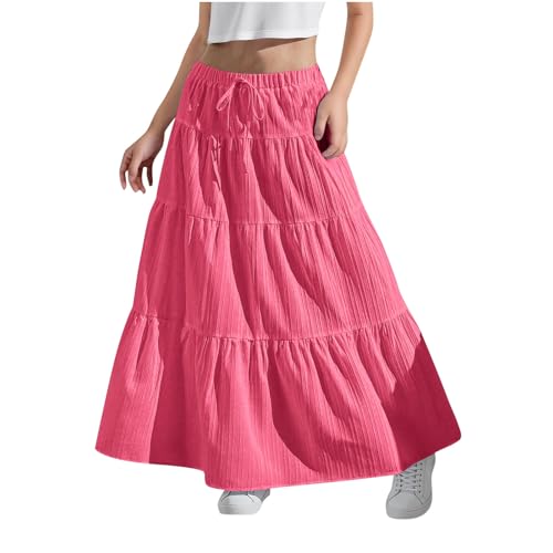 KODMNSW Maxirock Teenager Mädchen Langer Rock Faltenrock mit Fliege Maxi Skirt Röcke Lang Sommer Leichte Kinder Tellerrock Einfach Schick Strandrock Sommerrock Knalliges Rosa 170 von KODMNSW
