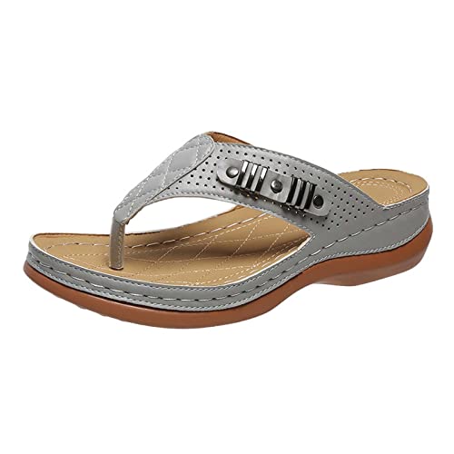 KODMNSW OrthopäDische Zehentrenner Sandalen Damen Flip Flops PU Leder Leichte Pantoffeln Sommer Clip -Toe Pantoletten Strandschuhe Plateau Bequem Slippers Angebote Grau 38 von KODMNSW