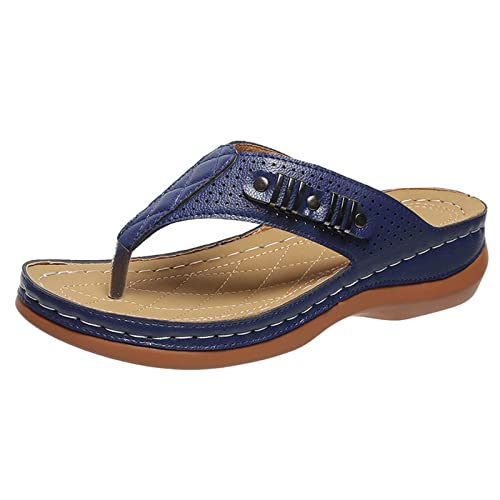 KODMNSW OrthopäDische Zehentrenner Sandalen Damen Flip Flops PU Leder Leichte Pantoffeln Sommer Clip -Toe Pantoletten Strandschuhe Plateau Bequem Slippers Outlet Angebote Blau 41 von KODMNSW