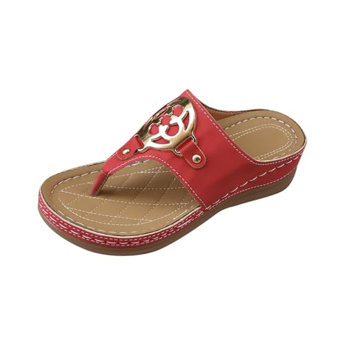 KODMNSW OrthopäDische Zehentrenner Sandalen Damen Flip Flops Sommer Clip -Toe Pantoletten Metallisch Modisch Plateau Keilabsatz Pantoffeln Strandschuhe Slippers Blitzangebote Des Tages Rot 37.5 von KODMNSW