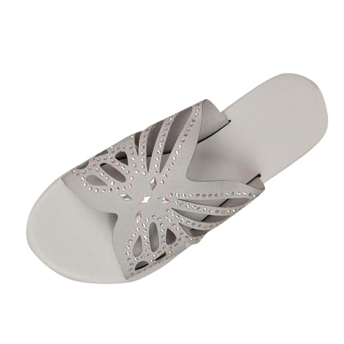 KODMNSW Pantoletten Damen Strass Flache Schlappen Leichte Atmungsaktiv Rutschfest Sandalen Offene Zehen Elegant Pantoffeln Freizeit Modisch Strandsandalen Hausschuhe Blitzangebote Des Tages Grau 38 von KODMNSW
