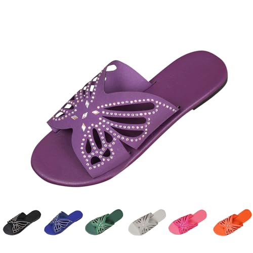 KODMNSW Pantoletten Damen Strass Flache Schlappen Leichte Atmungsaktiv Rutschfest Sandalen Offene Zehen Elegant Pantoffeln Freizeit Modisch Strandsandalen Hausschuhe Lila 38 von KODMNSW