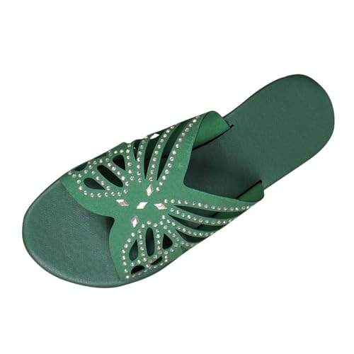 KODMNSW Pantoletten Damen Strass Flache Schlappen Leichte Atmungsaktiv Rutschfest Sandalen Offene Zehen Elegant Pantoffeln Freizeit Modisch Strandsandalen Hausschuhe Grün 40 von KODMNSW