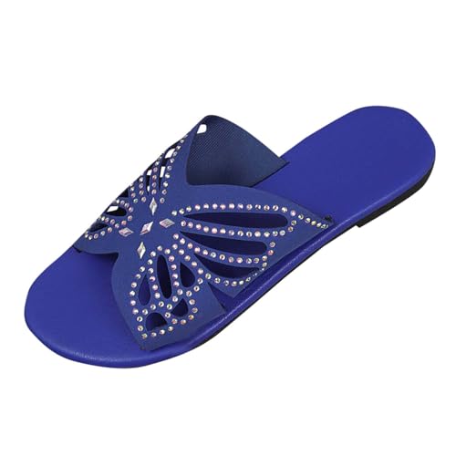 KODMNSW Pantoletten Damen Strass Flache Schlappen Leichte Atmungsaktiv Rutschfest Sandalen Offene Zehen Elegant Pantoffeln Freizeit Modisch Strandsandalen Hausschuhe Warehouse Deal Blau 36 von KODMNSW