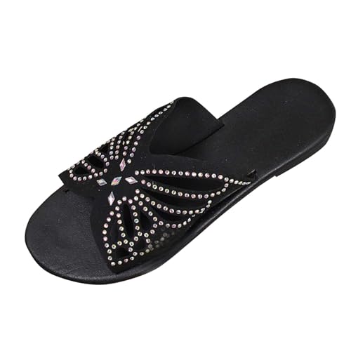 KODMNSW Pantoletten Damen Strass Flache Schlappen Leichte Atmungsaktiv Rutschfest Sandalen Offene Zehen Elegant Pantoffeln Freizeit Modisch Strandsandalen Hausschuhe Schwarz 39 von KODMNSW