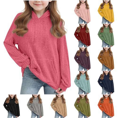 KODMNSW Pullover Mädchen Warm Strickpullove Hoodie Pulli Herbst Winter Langarmshirt Kapuzenpullover Elegante Oberteile Kuschelpullover Kinder Sweater Gestrickt Pullover 4-14 Jahre Knalliges Pink 130 von KODMNSW