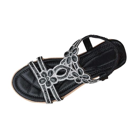 KODMNSW Sandalen Damen Glitzer Boho Sandaletten 2,5 cm Absatz Strass Flach Schuhe Strandschuhe Elegant Sommerschuhe Gummizug Schnürsenkel Sandals Bequem Keilsandaletten Schwarz 41 von KODMNSW