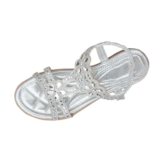 KODMNSW Sandalen Damen Glitzer Boho Sandaletten 2,5 cm Absatz Strass Flach Schuhe Strandschuhe Elegant Sommerschuhe Gummizug Schnürsenkel Sandals Bequem Keilsandaletten Silber 38 von KODMNSW