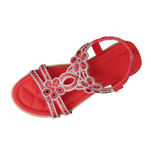 KODMNSW Sandalen Damen Glitzer Boho Sandaletten 2,5 cm Absatz Strass Flach Schuhe Strandschuhe Elegant Sommerschuhe Gummizug Schnürsenkel Sandals Bequem Keilsandaletten Rot 38 von KODMNSW