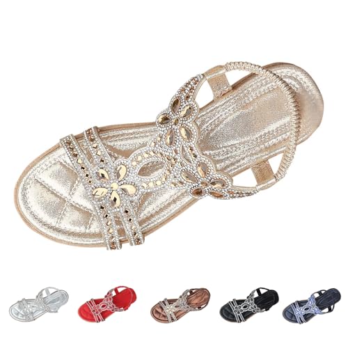 KODMNSW Sandalen Damen Glitzer Boho Sandaletten 2,5 cm Absatz Strass Flach Schuhe Strandschuhe Elegant Sommerschuhe Gummizug Schnürsenkel Sandals Bequem Keilsandaletten Gold 41 von KODMNSW