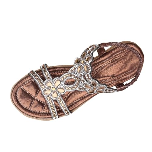KODMNSW Sandalen Damen Glitzer Boho Sandaletten 2,5 cm Absatz Strass Flach Schuhe Strandschuhe Elegant Sommerschuhe Gummizug Schnürsenkel Sandals Bequem Keilsandaletten Braun 37.5 von KODMNSW