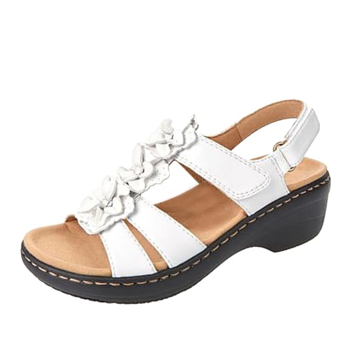 KODMNSW Sandalen Damen Plateau Orthopädische Keilabsatz Sandalen Bohemian-Stil Sandaletten Offener Elegante Sommerschuhe Verstellbarer Knöchelriemen Klettverschluss Lässige Sandals Weiß 39 von KODMNSW