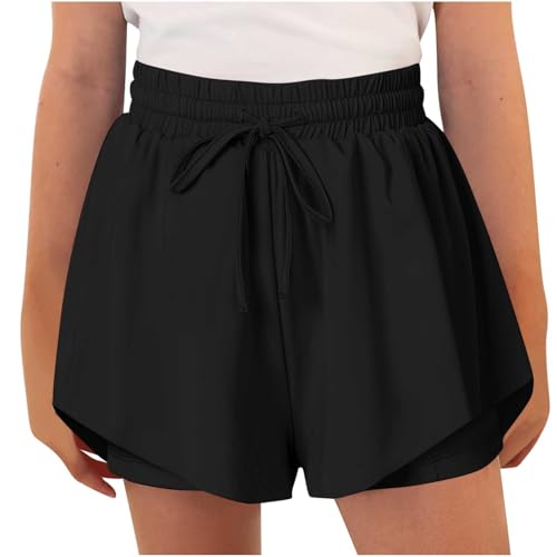 KODMNSW Shorts Teenager Mädchen Sommer Kurze Hose Zweischichtiger Saum Sporthose Jogginghose Lockere Passform Sommerhose Sweatshorts Spielkleidung 6-15 Jahre Schwarz 15 Jahre von KODMNSW