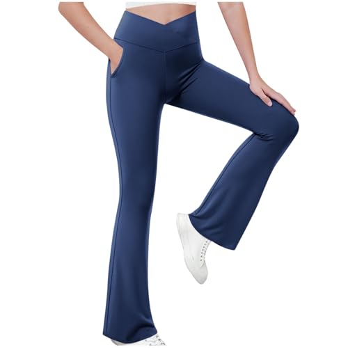 KODMNSW Sporthose Mädchen Leggings Schlaghose Yogahose Flared Leggings Schlag Hosen mit Taschen Sportleggings Freizeit Laufhose für Teenager Mädchen 5-15 Jahre Dunkelblau 15 Jahre von KODMNSW