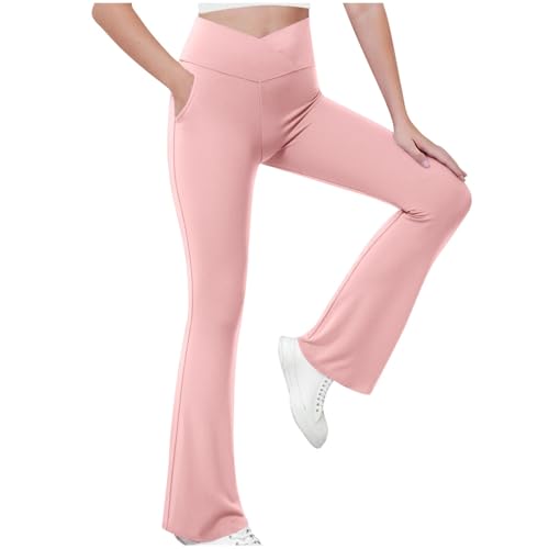 KODMNSW Sporthose Mädchen Leggings Schlaghose Yogahose Flared Leggings Schlag Hosen mit Taschen Sportleggings Freizeit Laufhose für Teenager Mädchen 5-15 Jahre Rosa 10 Jahre von KODMNSW