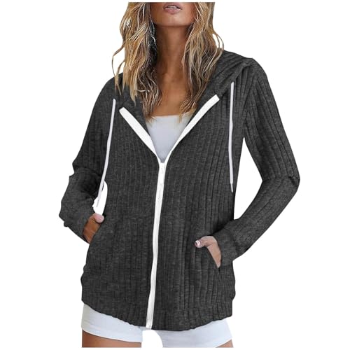 KODMNSW Strickjacke Damen Cardigan mit Kapuze Tasche übergangsjacke Leichte Gestrickt Strickjacken Weich Pullover Zipper Jacke Strickmantel Damenstrickjacke Herbst Langarm Dünnejacke Dunkelgrau M von KODMNSW