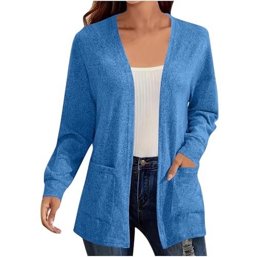 KODMNSW Strickjacke Damen Große Größen Strick Cardigan V-Ausschnitt Elegant Strickjacken mit Taschen Locker Casual Strickmantel Einfarbig Mode Feinstrickjacke Damenstrickjacke Blau XL von KODMNSW