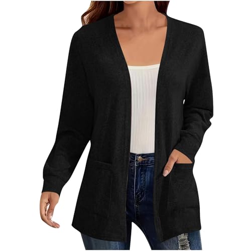 KODMNSW Strickjacke Damen Große Größen Strick Cardigan V-Ausschnitt Elegant Strickjacken mit Taschen Locker Casual Strickmantel Einfarbig Mode Feinstrickjacke Damenstrickjacke Schwarz M von KODMNSW