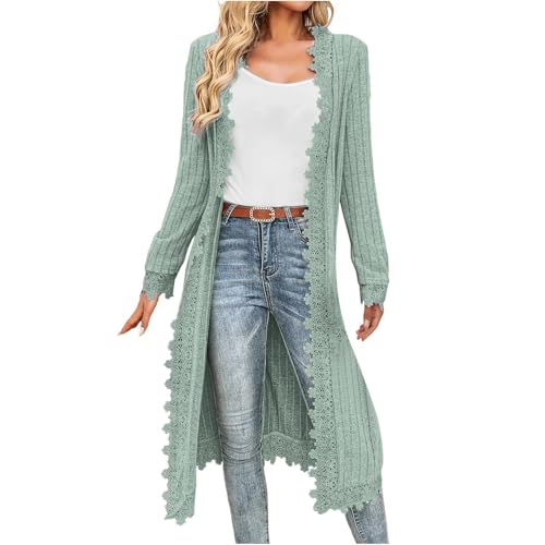 KODMNSW Strickjacke Damen Lang Cardigan Strickjacken mit Spitze übergangsjacke Locker Casual Feinstrickjacke Leichte Strickmantel Damenstrickjacke Dünnejacke Weich Strickcardigan Mintgrün M von KODMNSW