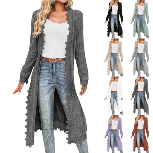 KODMNSW Strickjacke Damen Lang Cardigan Strickjacken mit Spitze übergangsjacke Locker Casual Feinstrickjacke Leichte Strickmantel Damenstrickjacke Dünnejacke Weich Strickcardigan Dunkelgrau L von KODMNSW